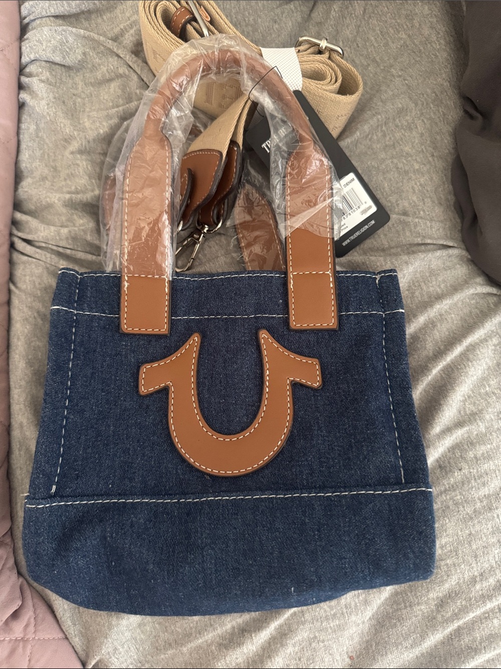 True Religion Blue Denim Mini Tote with Brown Trim